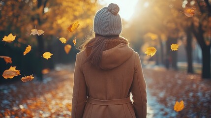 A picturesque autumn scene with a woman wearing a cozy coat and knitted hat, surrounded by falling leaves in a sunlit park.