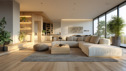 Modern living room with clean, minimal design and natural light, embodying simplicity and elegance.