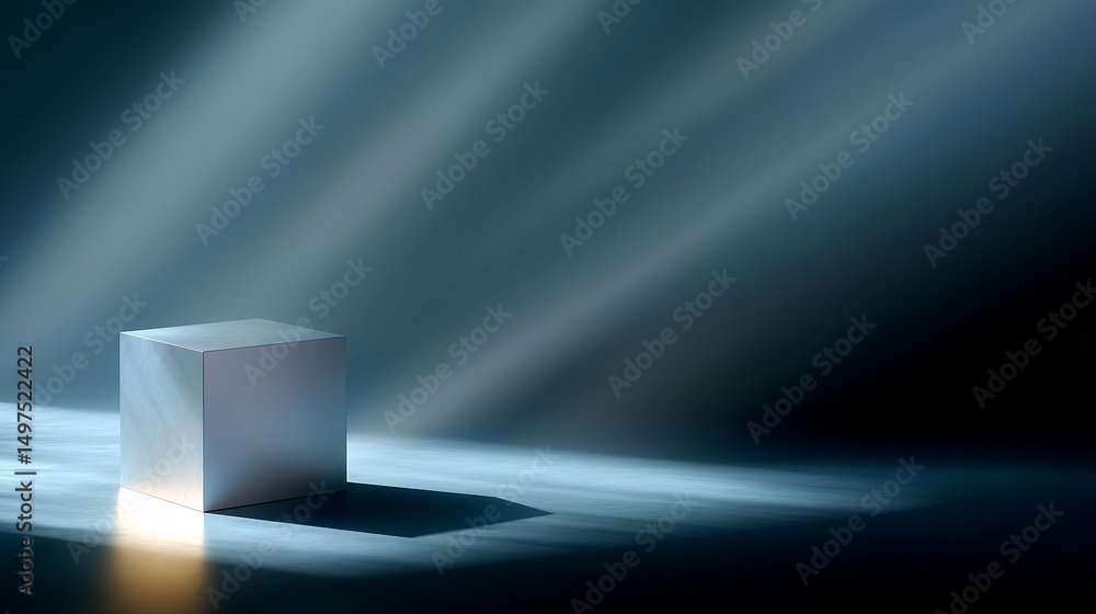 Poster a simple white cube in a dimly lit space creates a sense of mystery. soft rays of light break the da