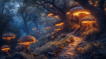 Magical enchanted forest pathway illuminated by glowing mushrooms amidst ancient trees under a twilight sky