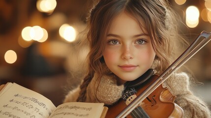 Charming young girl playing the violin, surrounded by warm lights and rustic decor, embodying a sense of elegance and musical passion