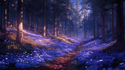Enchanting forest path illuminated by soft light, lined with vibrant purple flowers and trees basking in tranquil ambience of nature