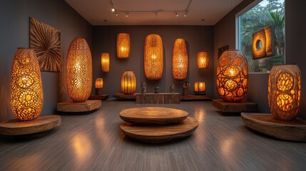 Elegant decor featuring intricately designed wooden lamps and sculptures in a cozy gallery setting with warm lighting
