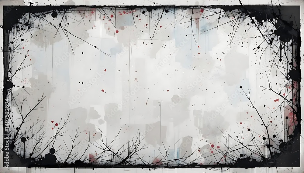 Poster abstract background texture with ink splatter and branch frame
