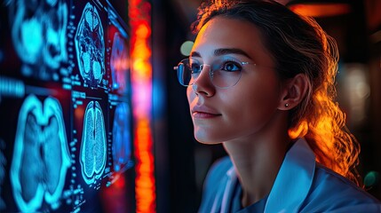 Focused young female scientist examining advanced brain scan images in a high-tech medical facility with vibrant lighting