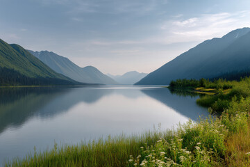 Fototapeta premium tranquil lake surrounded by majestic mountains in alaska reflecting clear blue sky