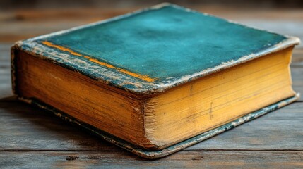 A vintage worn out book resting on a rustic wooden table with a textured cover and pages showing signs of age and use