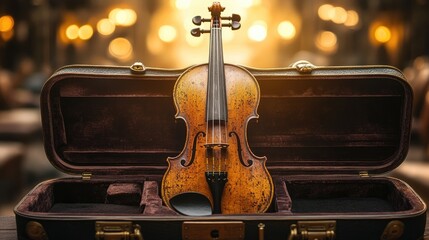 A beautifully aged violin resting in an open case, showcasing craftsmanship and inviting melodies in a warm, atmospheric setting.