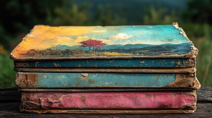 Vintage stack of worn books with colorful covers depicting a serene landscape scene in a tranquil outdoor setting