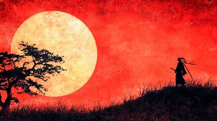 Naklejka premium A Ninja's Presence Against a Vivid Red Canvas 