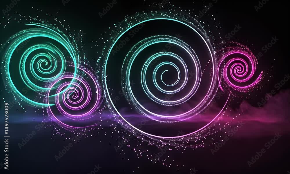 Poster abstract neon swirls with glowing particles dynamic motion on dark background with colorful smoke