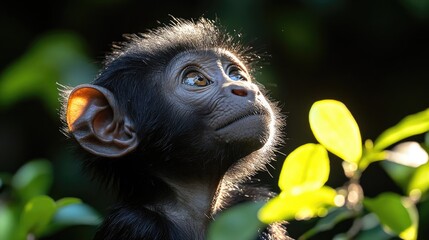 Tender young monkey gazing upward amid lush foliage, highlighting the beauty of wildlife and the innocence of nature.