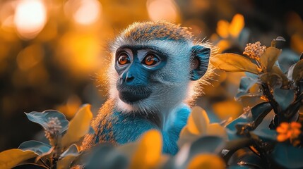 Graceful monkey portrait amidst lush foliage, capturing the essence of wildlife in a vibrant, colorful setting at golden hour.