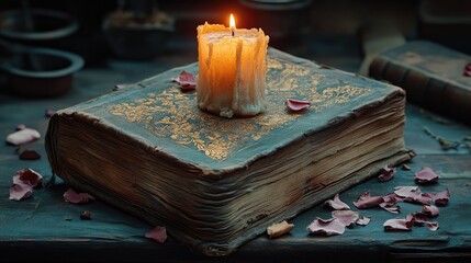 A vintage book illuminated by the warm glow of a candle, surrounded by scattered rose petals, evoking a sense of nostalgia and mystery.