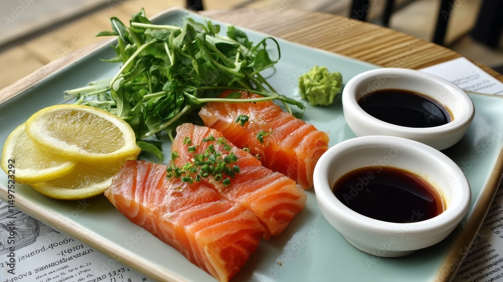 Poster plate of sushi with a side of lemon and parsley. the plate is set on a table with two small bowls of
