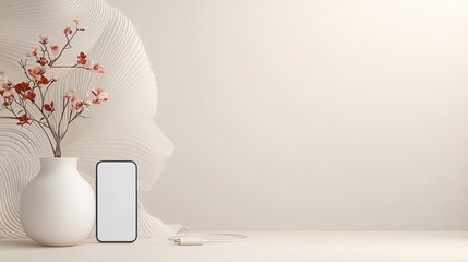 Minimalist White Smartphone Mockup with Charging Accessories and Red Flowers