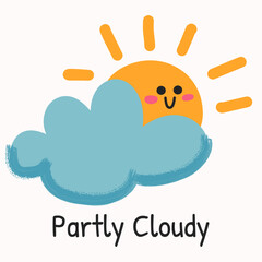 Cute partly cloudy cartoon icon with sun and smiling face