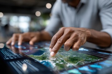 A close-up of hands interacting with a high-tech touchscreen display, illustrating the integration of technology and spatial awareness in modern data analysis and visualization.