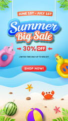 Vertical Summer Big Sale Advertisement with Fun Cartoon Beach Elements