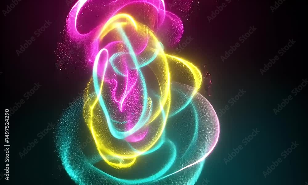Poster abstract particle swirls in bright pink yellow and cyan against a dark background with dynamic motio
