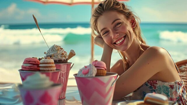 Relaxed dreamy young woman relaxing smiling happily sitting at table with ice cream desserts on blurred sea beach background. Summer holidays, vacation, relaxation and enjoyment.