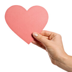 Obraz premium Hand holding pink paper heart, symbolizing love and care, with transparency background. Perfect for themes of affection, kindness, and emotional