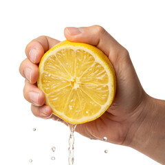 Hand squeezing lemon half with juice dripping fresh food citrus fruit yellow lemon hand grip juice extraction healthy food natural organic