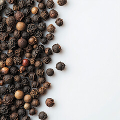 Obraz premium Black Peppercorns Scattered on White Background