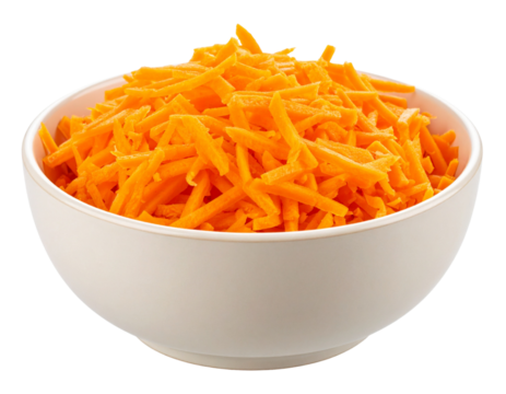 Natural Grated Carrots in Ceramic Dish for Cooking, isolated on a transparent background.