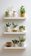 Minimalist kitchen wall shelf with decorative jars and accessories on transparent background