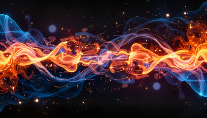 Dynamic blue and orange flame swirl with sparkles, energetic symbolism