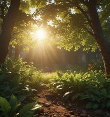 Warm sunlight streams through dense leaves, creating a radiant effect ,  vibrant,  sunlit,  background