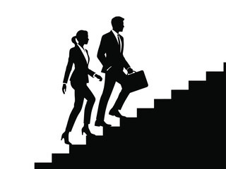Vector illustration of business people silhouettes climbing stairs, business people walking down stairs © VENANCIO
