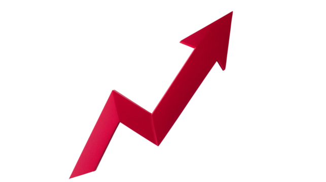 Upward red arrow graph, a simple red arrow graph pointing upwards, representing the concept of stock market growth, stock market growth red arrow graph, on a transparent backgrounds