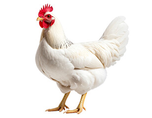 Fototapeta premium Standing White Chicken Hen with Feather Texture, isolated on a transparent background.