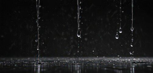 Blurred motion of water droplets falling, forming streaks of liquid against a deep black background ,  abstract, water