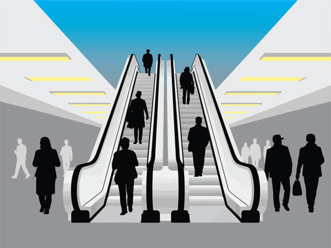 silhouette of people walking on the escalator, silhouette of people using escalators