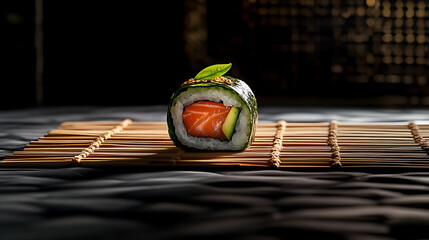 Sushi Roll with Salmon and Avocado on a Bamboo Mat