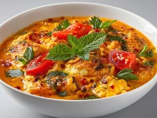Fototapeta premium A vibrant and delicious bowl of creamy tomato and egg curry is garnished with fresh mint and parsley leaves.