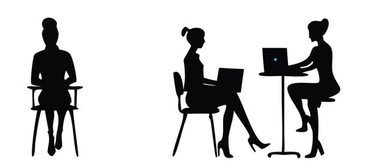 Silhouettes of Seated Businesswomen Working on Laptops, Office Work