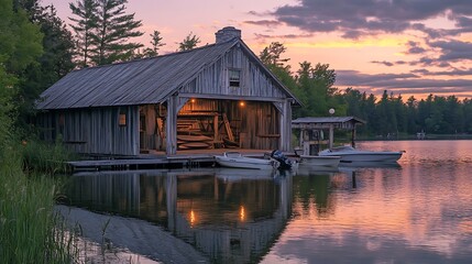 Obraz premium Rustic boathouse at sunset on a calm lake.