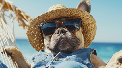 Summer vacation holiday travel tourism, funny animal background- Close up of cool french bulldog dog with sunglasses, lying in a hammock and chilling at the beach