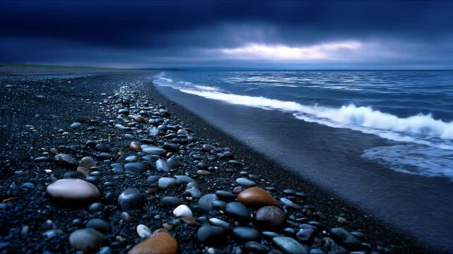 Dark cloudy sky over pebble beach with foamy ocean waves at dusk on shore