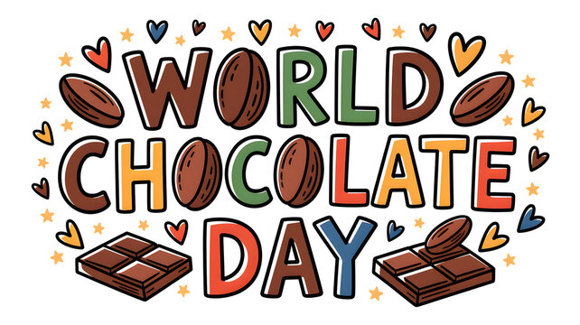 Colorful illustration of World Chocolate Day with chocolate beans bars hearts and stars.