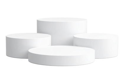 White cylindrical display stands isolated on a white background