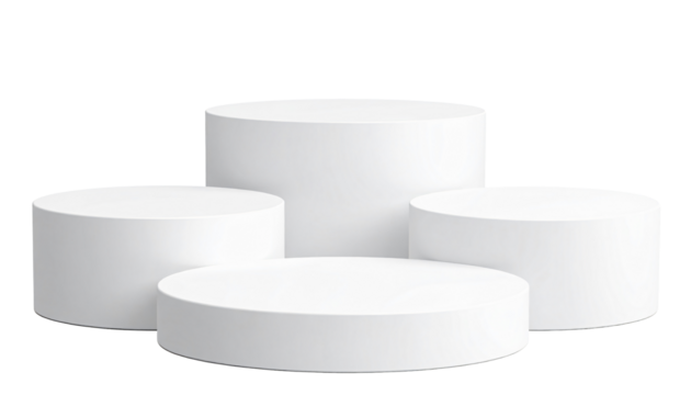 White cylindrical display stands isolated on a white background