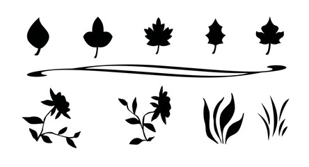 Nature Silhouettes Set - Leaves, Dividers, and Floral Elements for Botanical Designs, Invitations, and Decorative Graphics