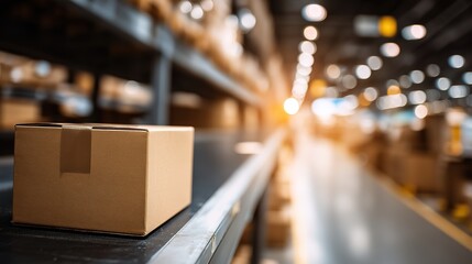 Sealed cardboard box on warehouse shelf, efficient logistics in action
