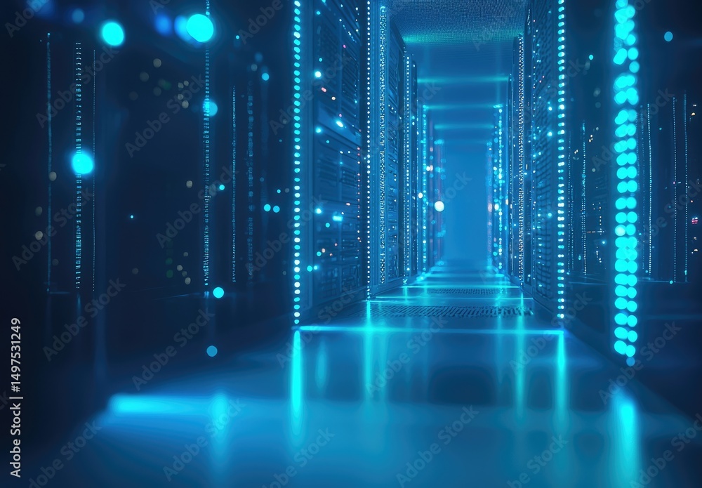 Poster Futuristic glowing blue server racks in a data center hallway with floating particles and reflections. Suitable for AI, cloud storage, security, and advanced computing visuals