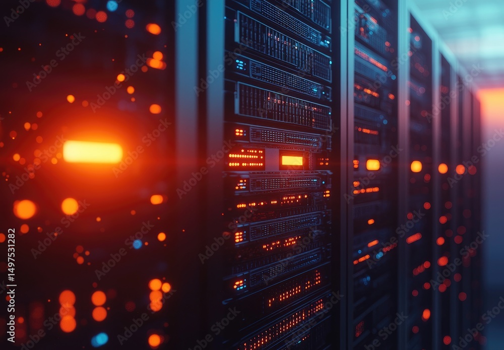 Poster Close-up view of data servers glowing with intense red-orange light in a high-tech data center. Excellent for cybersecurity, cloud infrastructure, and computing power themes